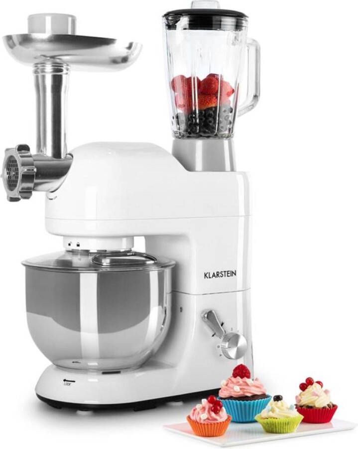 Klarstein Lucia 3-in-1 Keukenmachine Blender Staafmixer Hakmolen Keukenrasp Sapcentrifuge Food Processor 2000 Watt 6 Modi Zonder BPA 3 Liter 3 L Maatbeker Vlees en Pasta 1 5 Liter Blender Accessoires: 20-Delig Wit