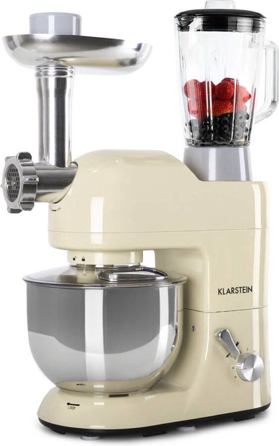 Klarstein Lucia Keukenmachine 3-In-1: Mengmachine Blender Vleesmolen 2000 Watt 2 7 Ps 5.2 Liter Roestvrijstalen Kom 1.5 Liter Blender 6 Standen Pulse-Functie Menghaak Kneedhaak Garde Spatbescherming BPA-Vrij Crème - Foto 2