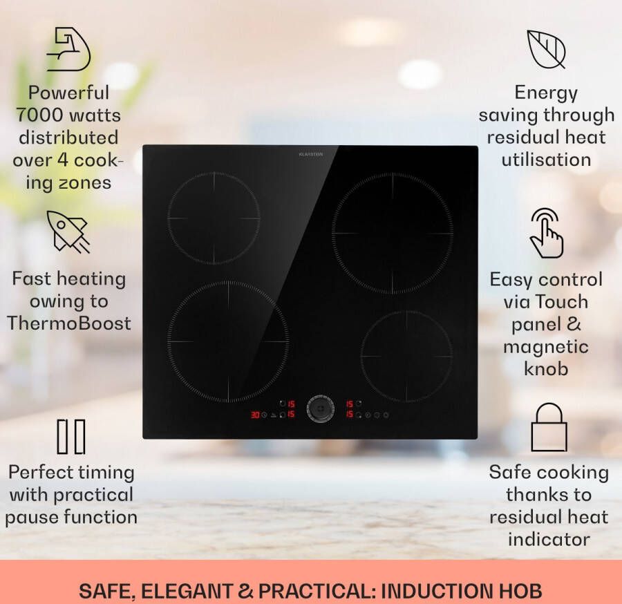 Klarstein Magnichef 4 Inductiekookplaat Inbouwfornuis Kookplaat 4 Zones: 7000 W (2 X 2000 W 2 X 1500 W) 15 Standen Booster Timer Kookveld: 58 X 51 Cm Glaskeramiek Touch Control Afneembare Magneetregelaar Warmhoudfunctie Zwart - Foto 4