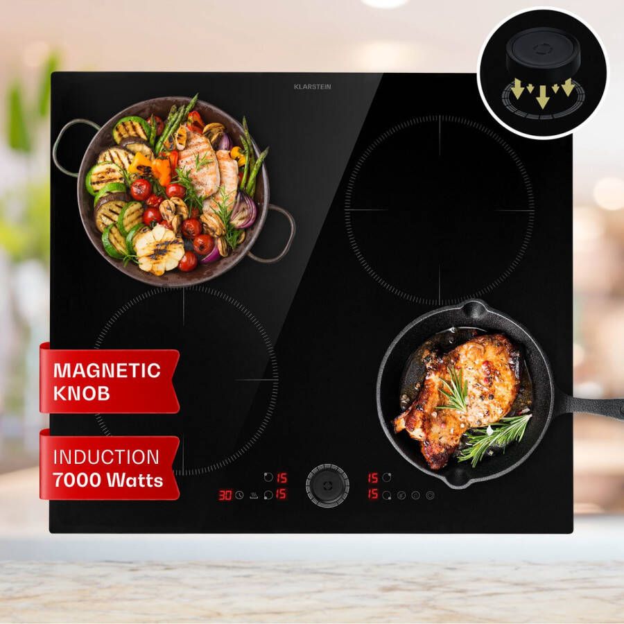 Klarstein Magnichef 4 Inductiekookplaat Inbouwfornuis Kookplaat 4 Zones: 7000 W (2 X 2000 W 2 X 1500 W) 15 Standen Booster Timer Kookveld: 58 X 51 Cm Glaskeramiek Touch Control Afneembare Magneetregelaar Warmhoudfunctie Zwart