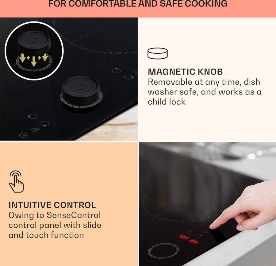 Klarstein Magnichef 4 Inductiekookplaat Inbouwfornuis Kookplaat 4 Zones: 7000 W (2 X 2000 W 2 X 1500 W) 15 Standen Booster Timer Kookveld: 58 X 51 Cm Glaskeramiek Touch Control Afneembare Magneetregelaar Warmhoudfunctie Zwart - Foto 2