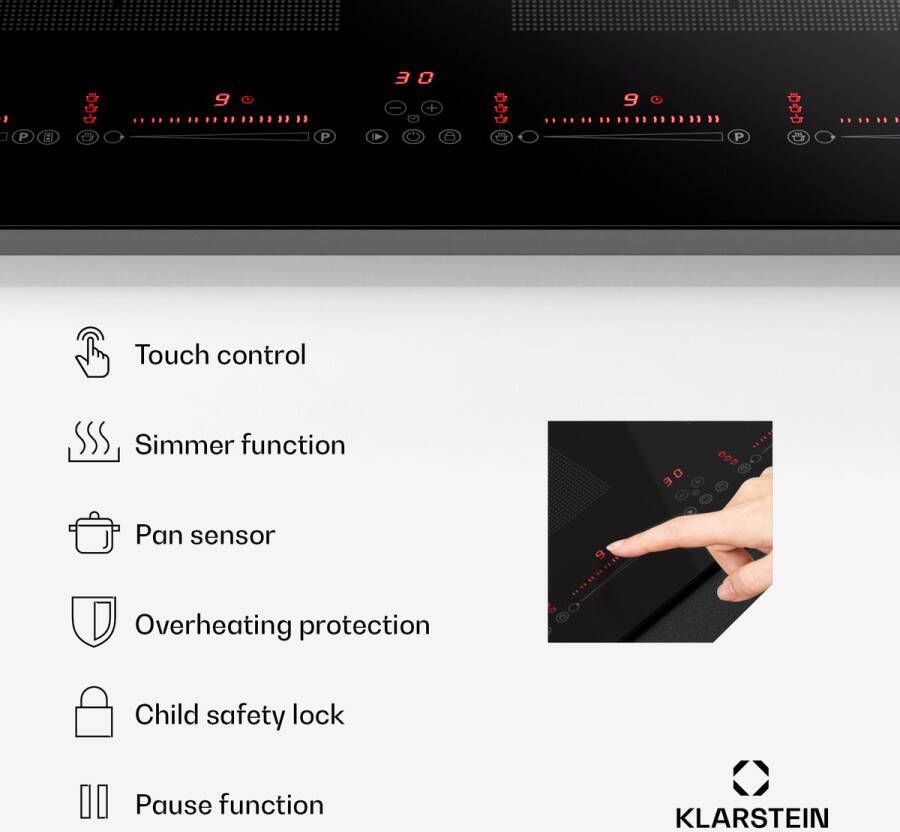 Klarstein Masterzone 90 Slim Flex inductiekookplaat inbouw 4 Kookzones 2 Flexzones ThermoBoost Smart Flex technology Max. 7200 Watt Zwart
