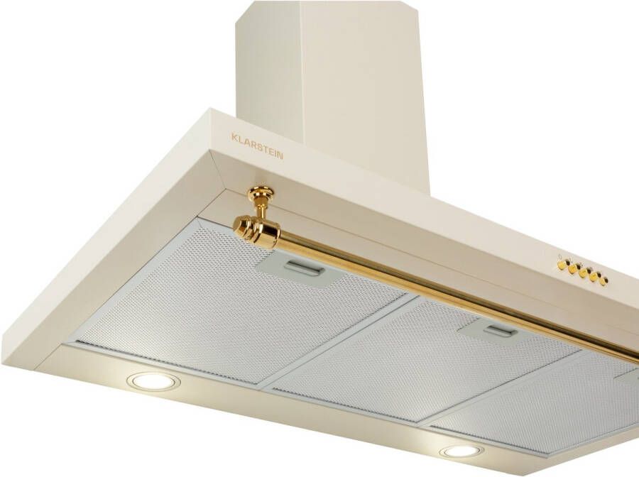 Klarstein Montblanc 90 Afzuigkap Retro 610 M³ H 165 W 90 CM 3 Snelheden LED-Verlichting Aluminium Vetfilter Afzuiging En Recirculatie Incl. Stang Voor Keukengerei Bronzen Greep Wandafzuigkap Roestvrij Staal