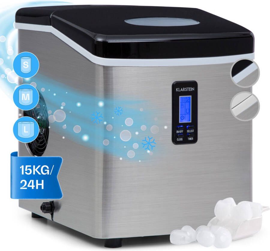 Klarstein Mr. Frost Ijsblokjesmachine- Voor het maken van ijsblokjes 15 kg per dag Met LCD scherm en timer 3 liter inhoud 150W Staal