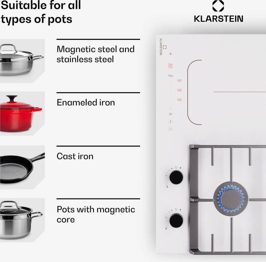 Klarstein Multichef 4 Inductie- en gaskookplaat 4 Kookzones 2 Gaspitten en 2 Inductievelden Flexzone Wit