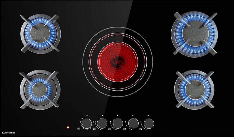Klarstein Multichef 5 Combi Gaskookplaat Gas En Glaskeramisch 87 X 11 X 51 Cm (Bxhxd) 5 Zones: 4 X Gas 1 X Glaskeramisch Vermogen: 9.2 Kw Inbouw Draaiknoppen 9 Vermogensstanden 4 Gietijzeren Kruisjes Incl. Ng Lfg Sproeikop Zwart - Foto 4