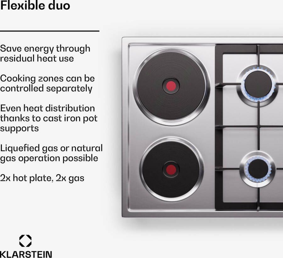 Klarstein Multichef 4 Hot Plate Gas- en Elektrische Kookplaat 4 Kookzones 2 Gasbranders 2 Elektrische kookvelden Roestvrij staal - Foto 3