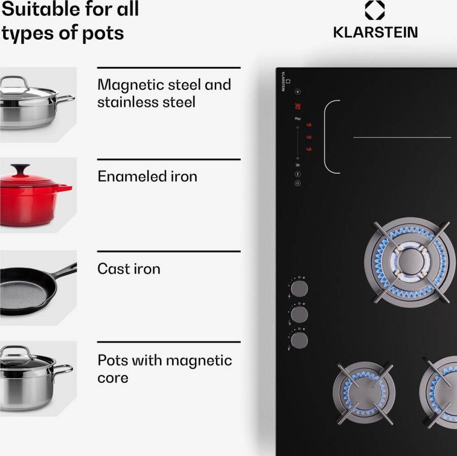 Klarstein Multichef 4 Inductie- en gaskookplaat 4 Kookzones 2 Gaspitten 2 Inductievelden Flexzone Zwart