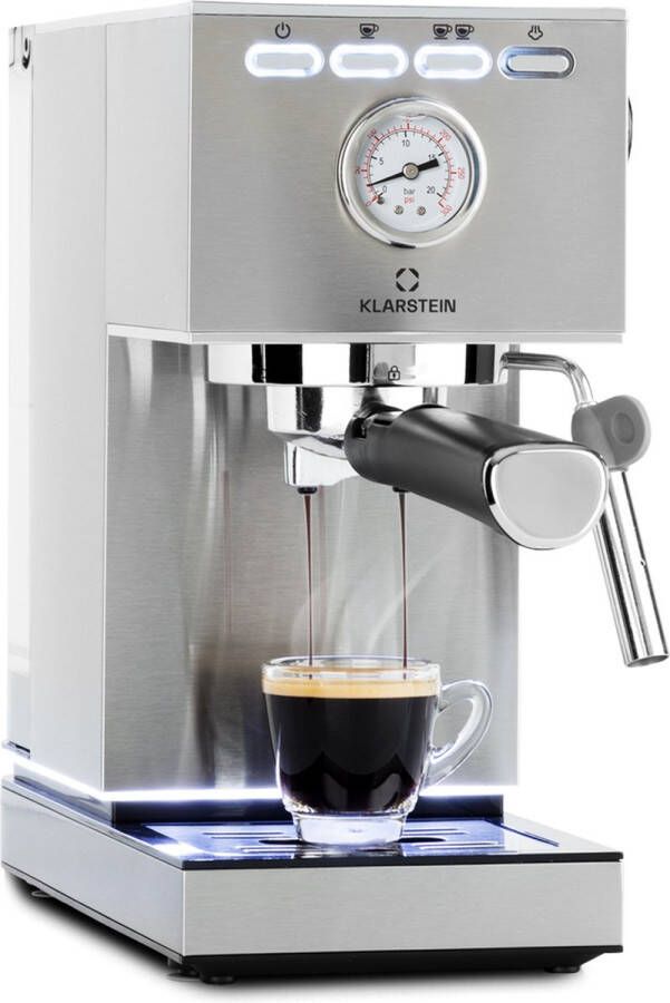 Klarstein Pausa Espressomachine 1350 Watt 20 Bar druk Inhoud Waterreservoir: 1 4 Liter Beweegbaar opschuimpijpje Uitneembaar lekbakje Roestvrijstalen behuizing Zilver