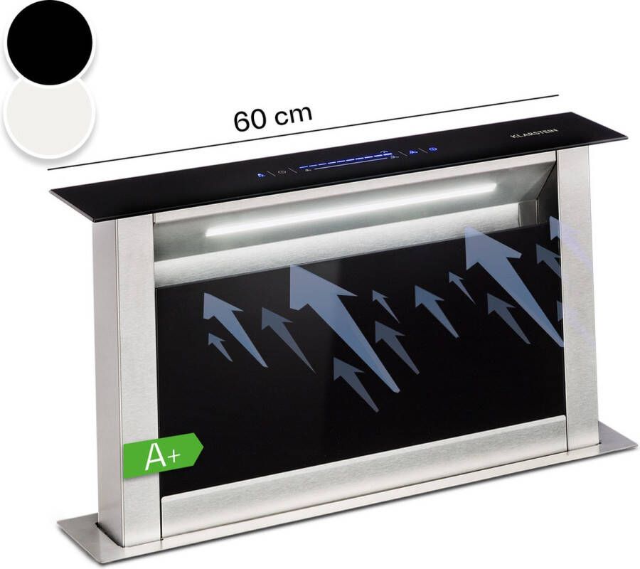 Klarstein Royal Flush Eco 60 Downdraft Afzuigkap 60 cm Uittrekbaar tafel- & werkblad Luchtafvoer vermogen: max. 576 m³ h Energie-efficiëntieklasse A++ LED strip Zwart