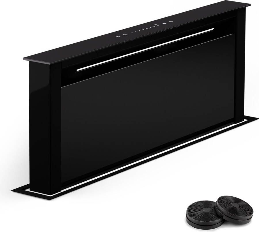 Klarstein Royal Flush Eco 60 Downdraft Afzuigkap 60 cm Uittrekbaar tafel- & werkblad Luchtafvoer vermogen: max. 576 m³ h Energie-efficiëntieklasse A++ LED strip Roestvrij staal