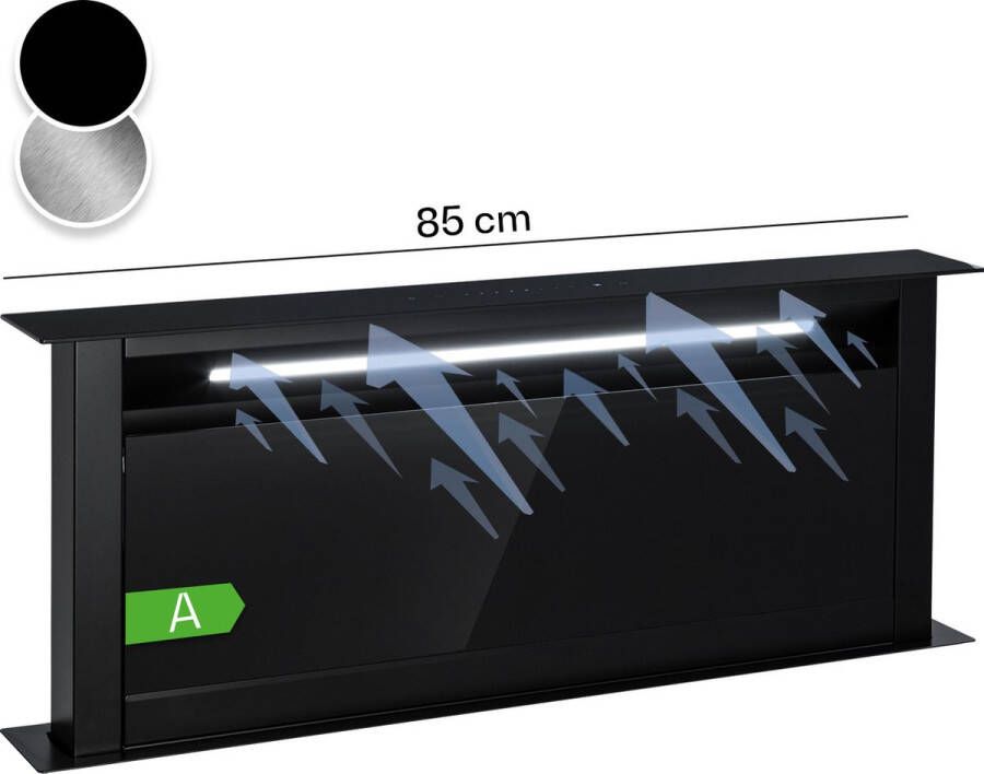 Klarstein Royal Flush Eco Downdraft afzuigkap 90 cm -Luchtafvoervermogen: max. 576 m³ h Energie-efficiëntieklasse A+ Touch-To-Slide bedieningspaneel LED strip Zwart