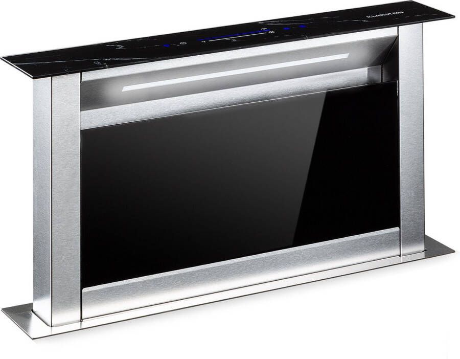 Klarstein Royal Flush Eco Downdraft Afzuigkap 90 cm Uittrekbaar tafel- & werkblad afzuigkap Luchtafvoervermogen: Max. 576 M³ H Energie-efficiëntieklasse A+ Touch-to-slide bedieningspaneel LED Strip Pure ambience Zwart