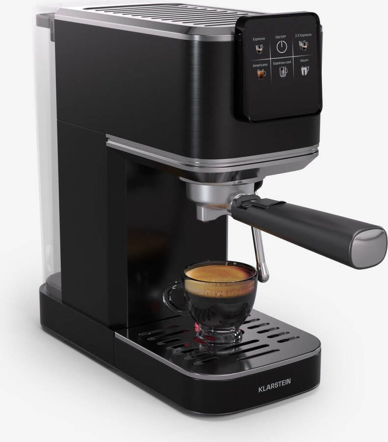 Klarstein Steelpresso Touch Slim Portafilter Machine 20 Bar 1350W 1.2 Liter Watertank Stoompijpje Roestvrijstalen Behuizing Compact Zwart