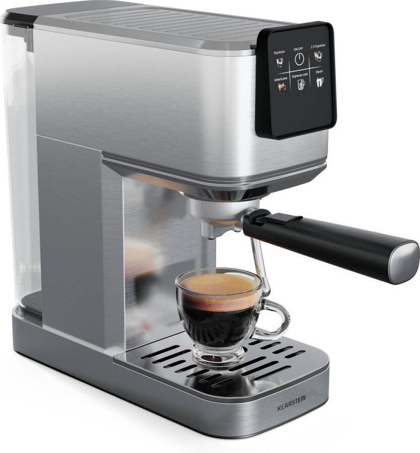 Klarstein Steelpresso Touch Slim Portafilterapparaat 20 Bar 1350 W 1.2 Liter Waterreservoir Stoompijpje Roestvrij Staal Compact Zilver