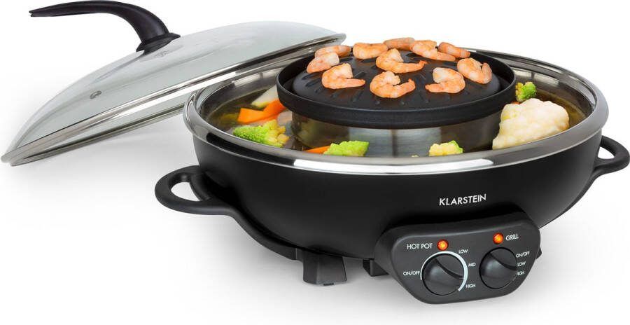 Klarstein Szechuan Hot Pot en grillplaat Hot Pot pan inhoud: 5 liter Hot Pot grill 1350 W 38 cm Ø Grillplaat: 600 W 22 cm Ø Verwarmingselement van aluminium zwart