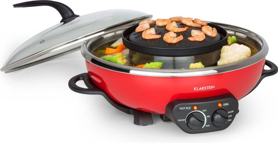 Klarstein Szechuan hot pot 5 liter en grillplaat met 22 cm doorsnede en anti-aanbaklaag Rvs pan voor het bereiden van soep fondue raclette gegrild vlees gegrilde groente vis en zeevruchten