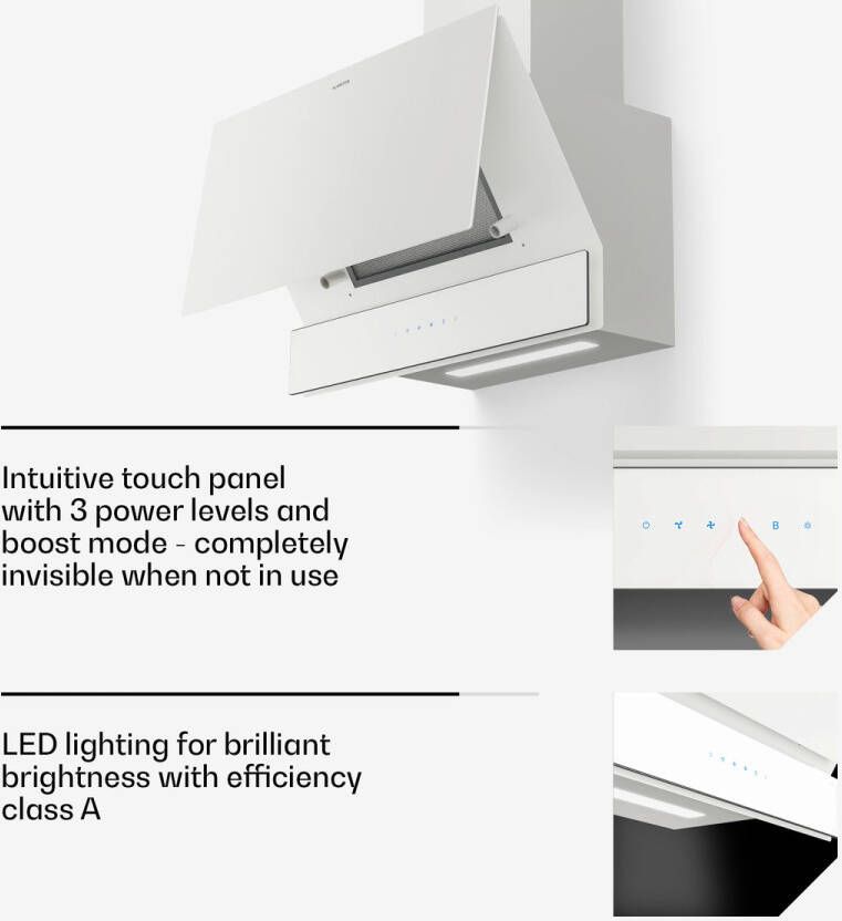 Klarstein Velaire schuine afzuigkap 60 cm 820 m³ u boost A++ energieklasse touchbediening ledverlichting stil vaatwasmachinebestendig filter afzuigkap met afvoer of recirculatie wit