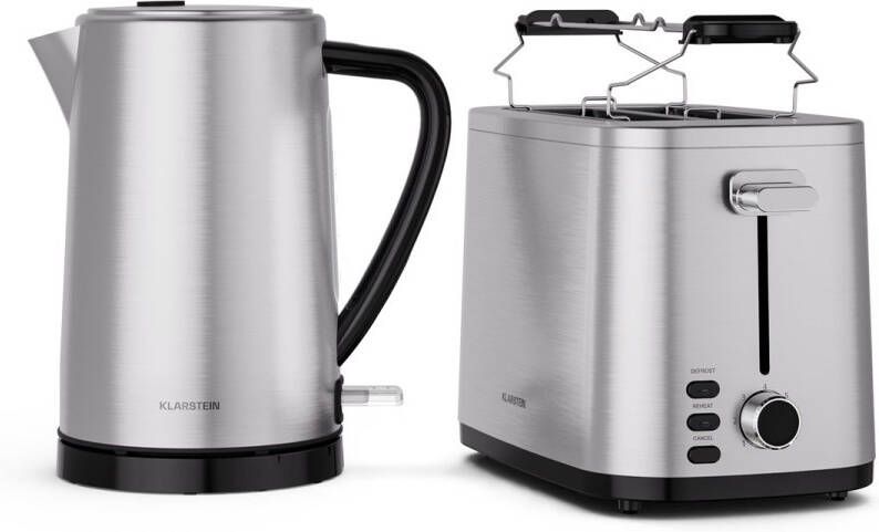 Klarstein Verosteel Essential ontbijtset roestvrijstalen broodrooster voor 2 sneetjes met 7 bruiningsstanden broodjeshouder uitneembare kruimellade en 1 7 l waterkoker met kalkfilter