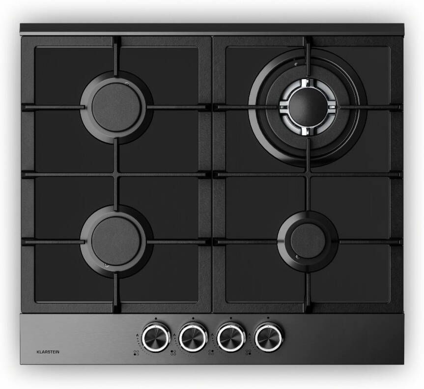 Klarstein Verosteel gaskookplaat 60 cm 4 pitten 8000 W glas en roestvrij staal LPG aardgas elektrische ontsteking vlambeveiliging kookplaataccessoireset zwart roestvrij staal