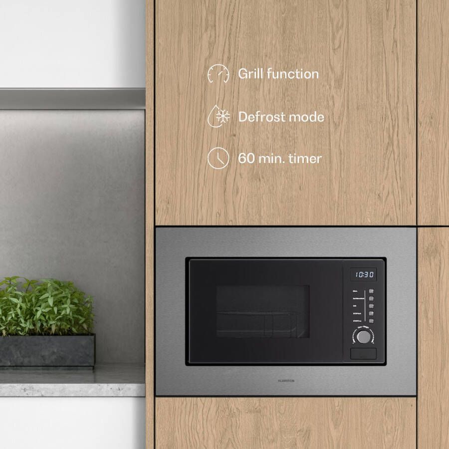 Klarstein Verosteel inbouwmagnetron met grill – 20 l 700 W magnetron & 800 W grill 8 programma's touchbediening roestvrij staal geïntegreerde magnetronoven - Foto 2