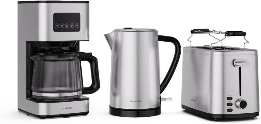 Klarstein Verosteel ontbijtset – broodrooster voor 2 sneetjes met 7 bruiningsstanden roestvrijstalen waterkoker van 1 7 liter filterkoffiezetapparaat voor 12 kopjes warmhoudfunctie broodrek glazen kan
