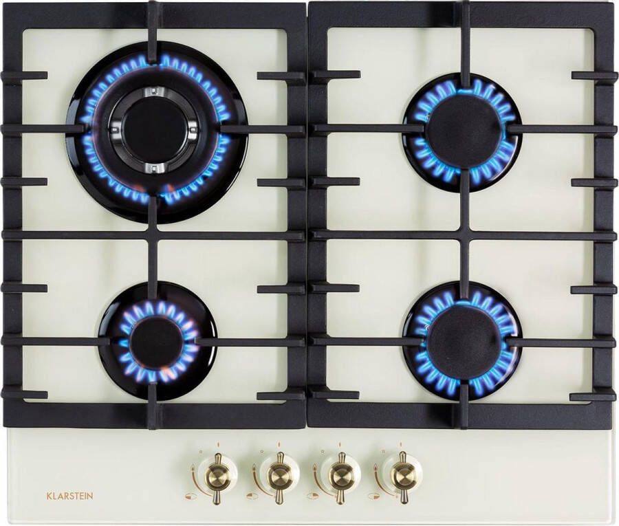 Klarstein Victoria 4 Zone Gaskookplaat 4 Pitten Glaskeramiek 4600 W Gemakkelijk Te Reinigen Gelijkmatige Hitteverdeling Aardgas Propaangas Veiligheidsventiel Elektrische Ontsteking Milieubeschermende Efficiëntie- Retrolook Ivoor - Foto 2