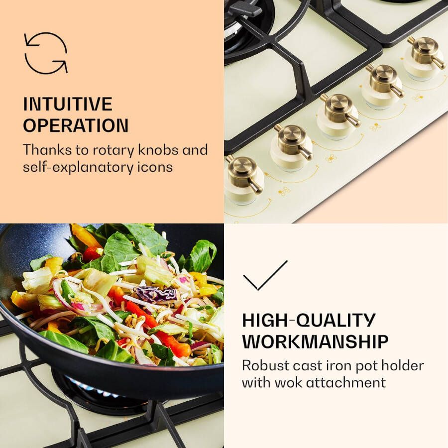 Klarstein Victoria 5 Gaskookplaat 5-Pits Zelfstandig 74 Cm Inbouw Sabaf Branders Aardgas Propaangas Veiligheidsventiel Automatische Uitschakeling Elektrische Ontsteking Gietijzeren Pannendrager Glaskeramiek Retro-Look Ivoor