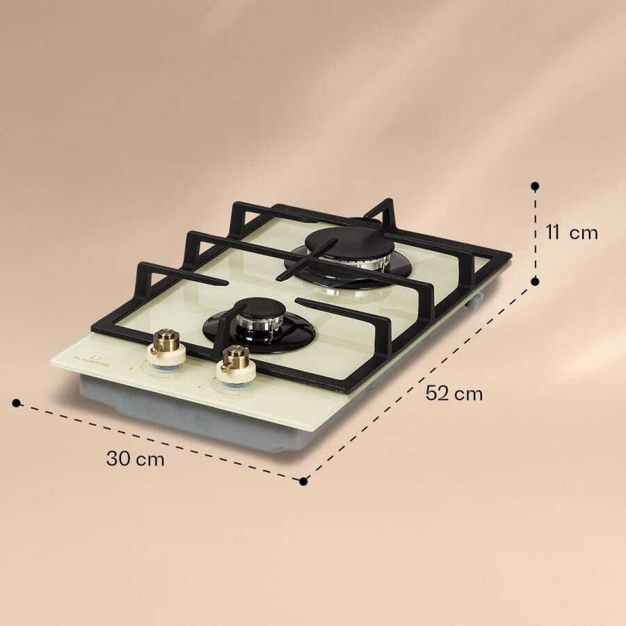Klarstein Victoria Domino Gaskookplaat 2-Pits 30 Cm Inbouw Sabaf Branders Aardgas Propaangas Veiligheidsventiel- Automatische Uitschakeling Elektrische Ontsteking Pannendrager Van Gietijzer Glaskeramiek Retro-Look Ivoor