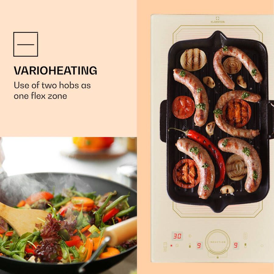 Klarstein Victoria Domino Inductiekookplaat Flexzone Technologie Zelfvoorzienend Inbouwkookplaat 29 Cm 2 Zones 3500 Watt Booster Temperatuuropslag Timer Glaskeramiek Energiezuinig VarioHeating Flexibel Ivoor - Foto 3