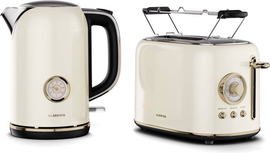 Klarstein Victoria Essential ontbijtset Retro broodrooster voor 2 sneetjes met 7 bruiningsstanden broodroosterhouder uitneembare kruimellade 1 7 l waterkoker met kalkfilter automatische uitschakeling crème