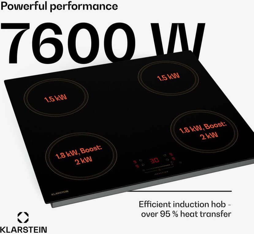 Klarstein Victoria inductiekookplaat – 4-zone inbouw inductiekookplaat 7.000 W met boosters schuifregelaar en timer kinderslot zwart design van 59 cm - Foto 2