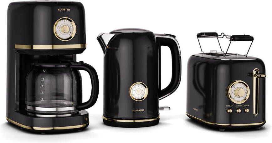 Klarstein Victoria ontbijtset – broodrooster voor 2 sneetjes met 7 bruiningsstanden waterkoker van 1 7 liter filterkoffiezetapparaat voor 12 kopjes roestvrij staal retro design broodjesrek warmhoudfunctie zwart