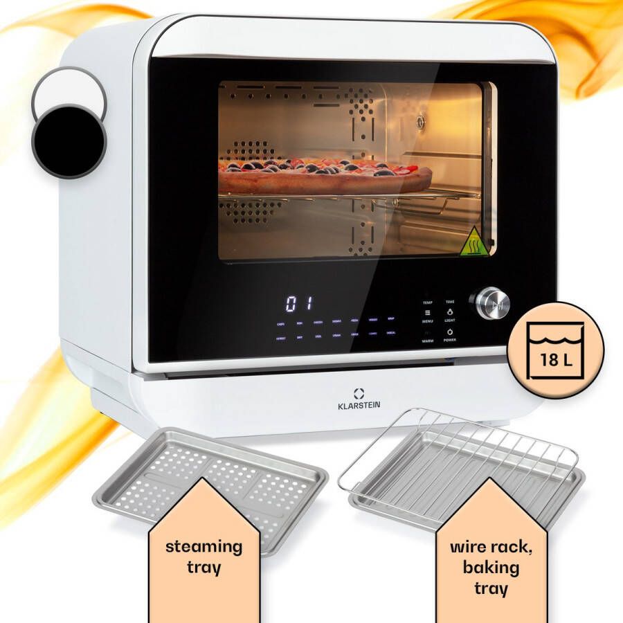 Klarstein Vita Pro heteluchtfriteuse met stoomfunctie vermogen: 2450 watt volume: 18 liter 14 programma's watertank: 800 ml thermostaat: 50 tot 230 °C digitaal display 3-delig accessoireset frontklep met panoramavenster