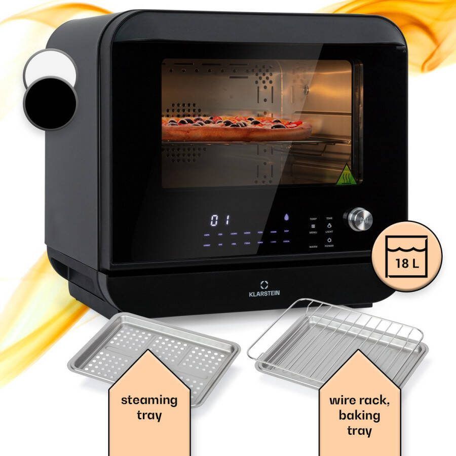 Klarstein Vita Pro heteluchtfriteuse met stoomfunctie vermogen: 2450 watt volume: 18 liter 14 programma's watertank: 800 ml thermostaat: 50 tot 230 °C digitaal display 3-delig accessoireset frontklep met panoramavenster