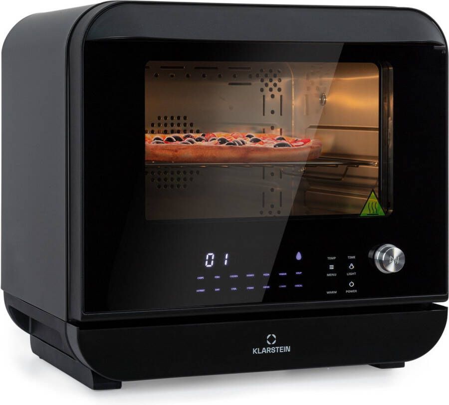 Klarstein Vita Pro heteluchtfriteuse met stoomfunctie vermogen: 2450 watt volume: 18 liter 14 programma's watertank: 800 ml thermostaat: 50 tot 230 °C digitaal display 3-delig accessoireset frontklep met panoramavenster