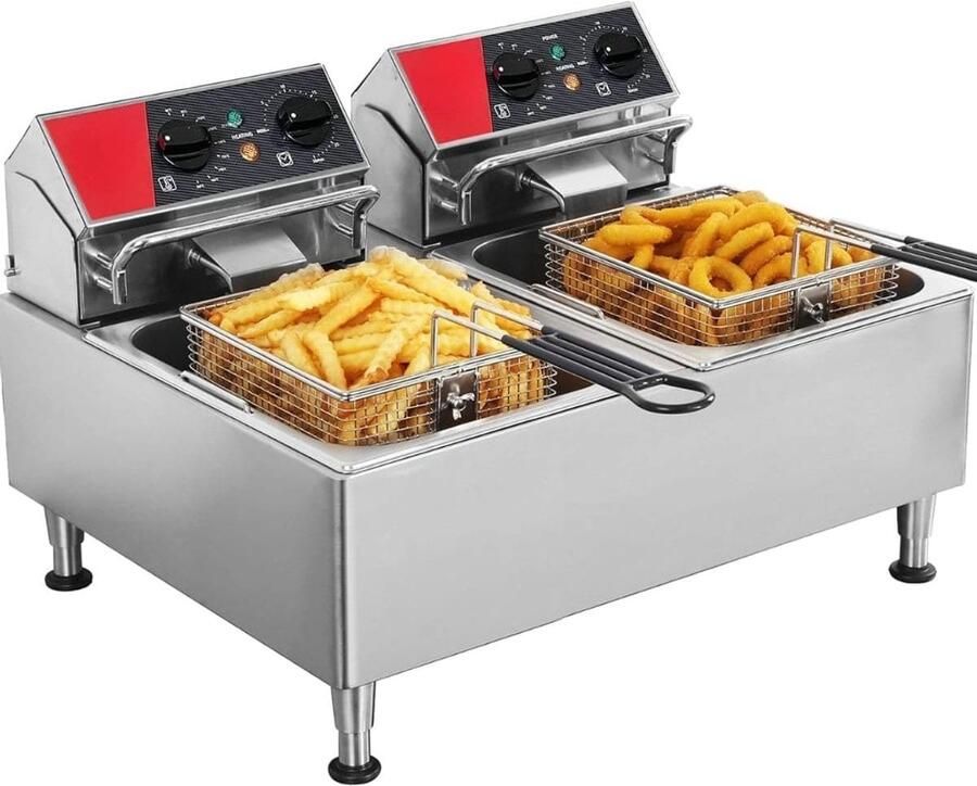 Klarven Frituurpan Dubbel Frituurpan 12 Liter 6000 W Snel Opwarmend 2 Aparte Frituurzones Zilver B 58 x D 38 x H 44 cm
