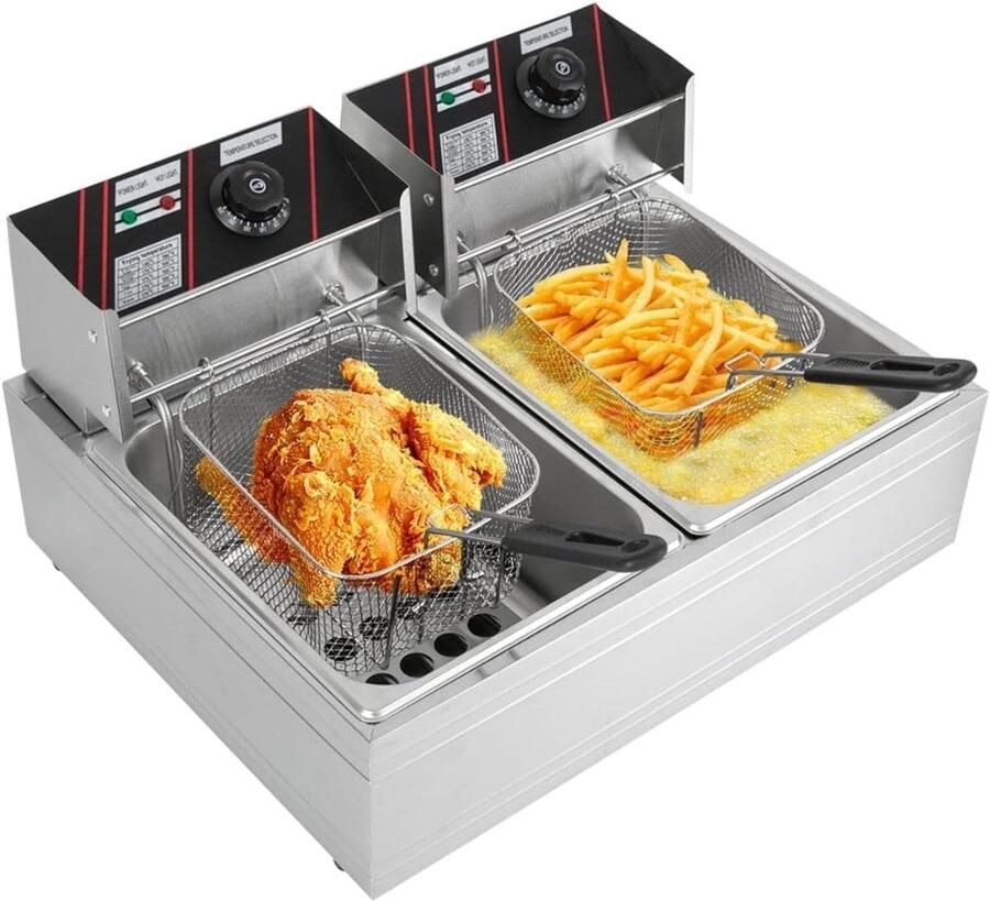 Klarven Frituurpan Dubbele tank geen smaakoverdracht Temperatuurregeling 60-200 °C snelle opwarming Zilver B 38 x D 30 x H 41 cm