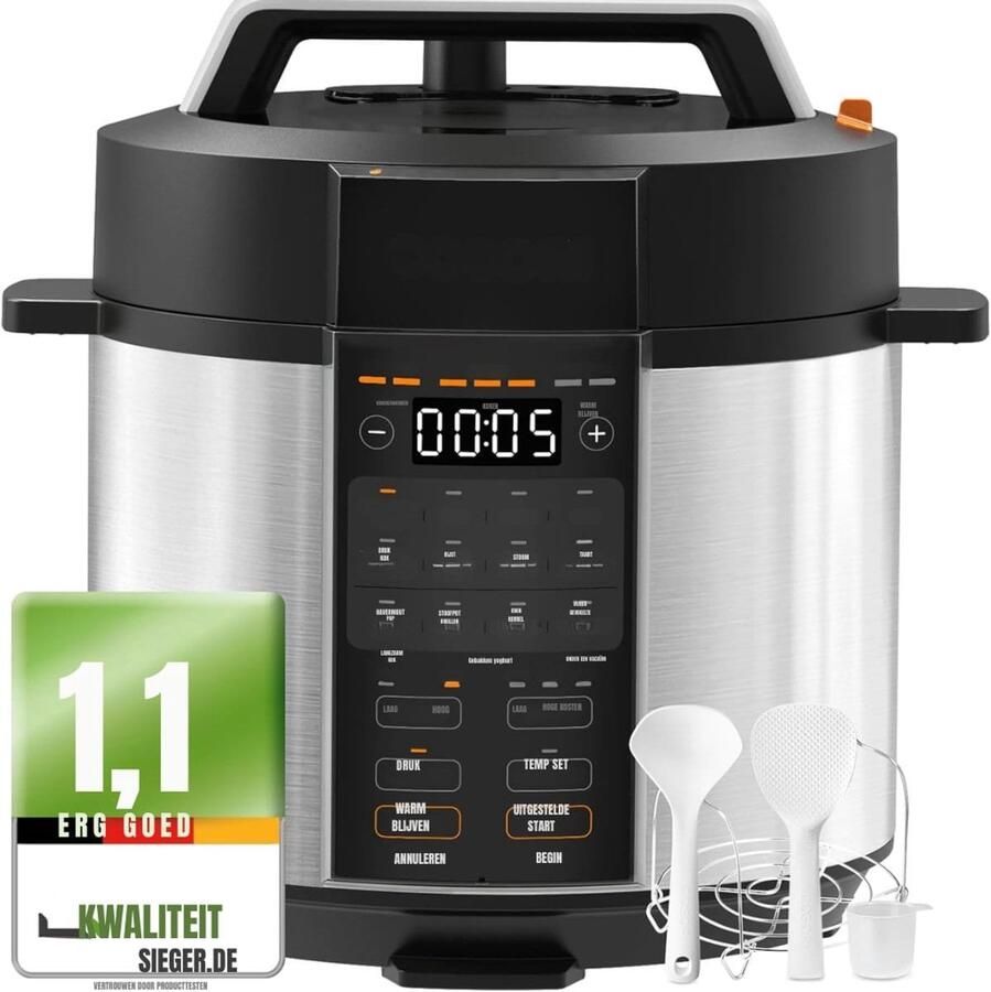 Klarven Multicooker Receptenboek 9-in-1 met 14 Programma's Snelkoken Stomen Sous-vide Slowcoken Zwart Roestvrij Staal Inhoud 5 7 Liter B 34 x D 32 x H 32 cm