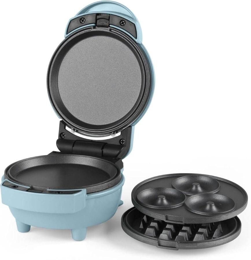Klarven Pannenkoekenmaker 3-in-1 wisselplaten voor pancakes wafels en donuts Anti-aanbakplaten snel voorverwarmd Blauw B 13 x D 9 x H 17 cm