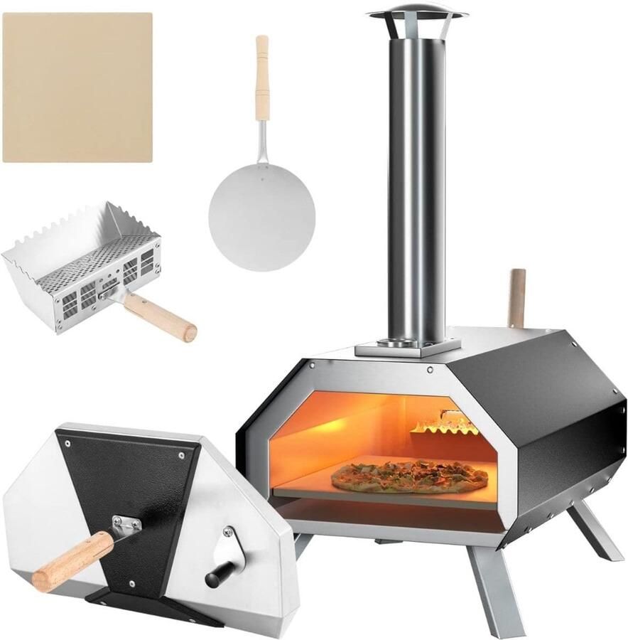Klarven Pizza oven Buiten Pizza oven Buiten Gas alternatief op hout Pizzasteen thermometer en pizzaschep inbegrepen Krokante bodem authentieke smaak Zwart B 39 x D 51 x H 83 cm