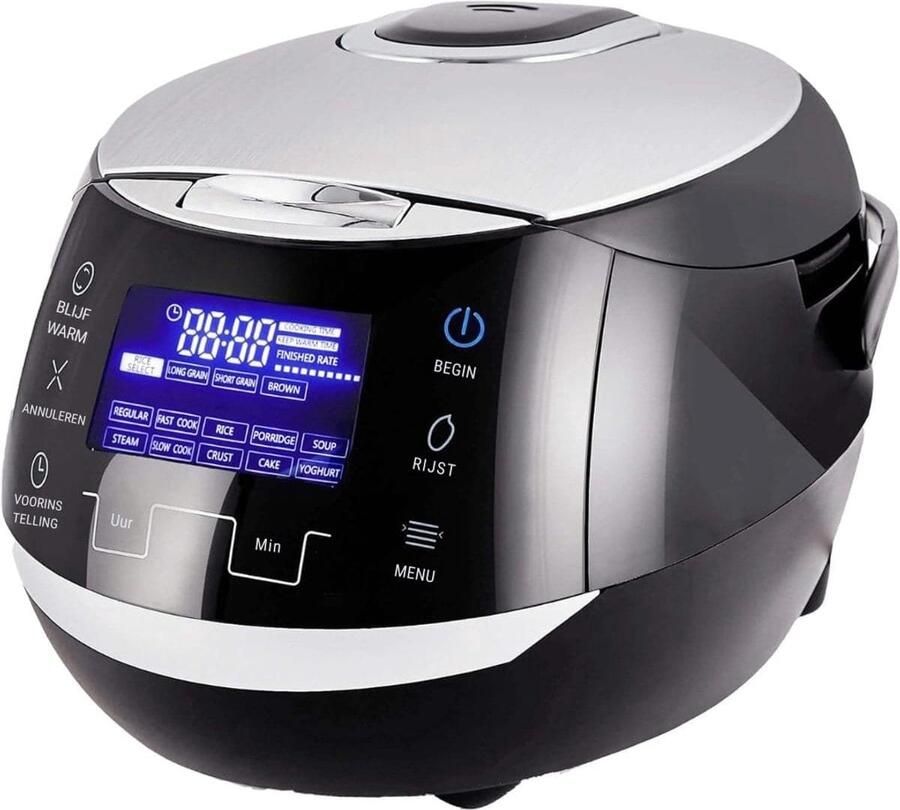 Klarven Rijstkoker Zwart Zilver 6 Functies Fuzzy Logic LED-Display Keramische Kom 1.5 Liter