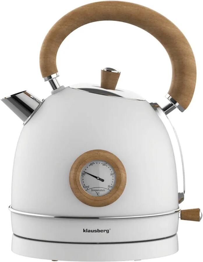KLAUSBERG 9007 Retro Waterkoker 1 8L RVS wit met hout met thermometer