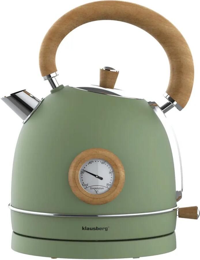 KLAUSBERG 9008 Retro Waterkoker 1 8L RVS groen met hout met thermometer