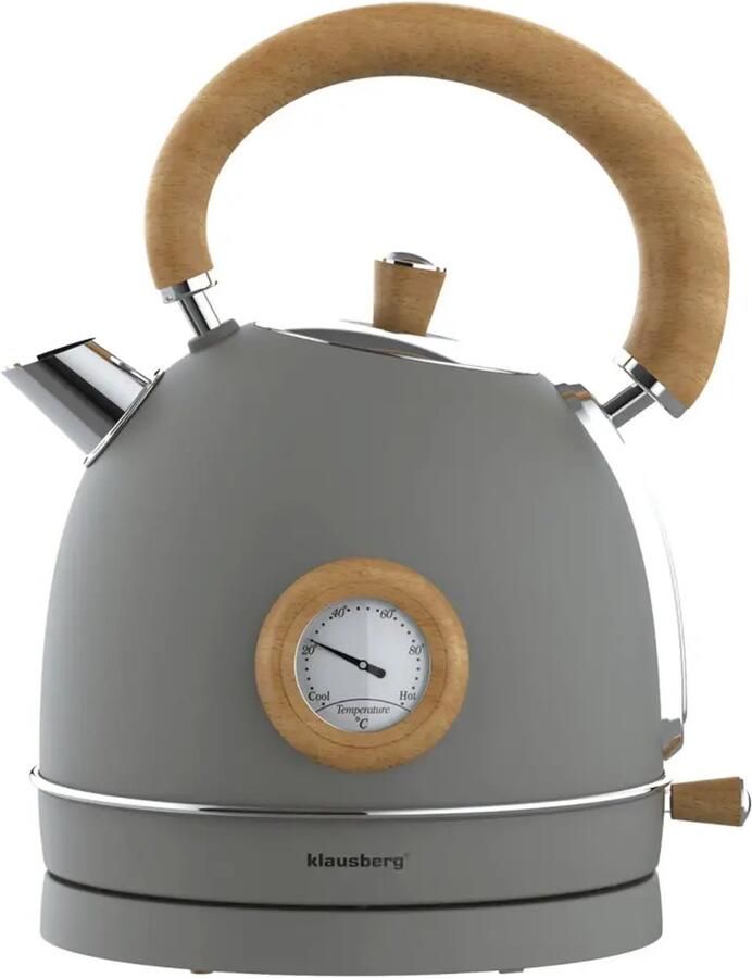 KLAUSBERG 9009 Retro Waterkoker 1 8L RVS grijs met hout met thermometer