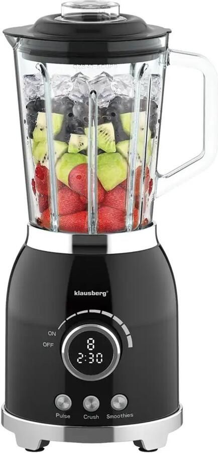 KLAUSBERG Blender Smoothie Maker met LED Display IJscrusher Glazen Blender met 6 RVS Messen Smoothie Blender met Timer Keuken Blender 8 Snelheden Crushed Ice Mixer 1.5L 600W Zwart