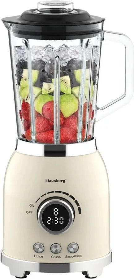 KLAUSBERG Blender Smoothie Maker met LED Display IJscrusher Glazen Blender met 6 RVS Messen Smoothie Blender met Timer Keuken Blender 8 Snelheden Crushed Ice Mixer 1.5L 600W Crème
