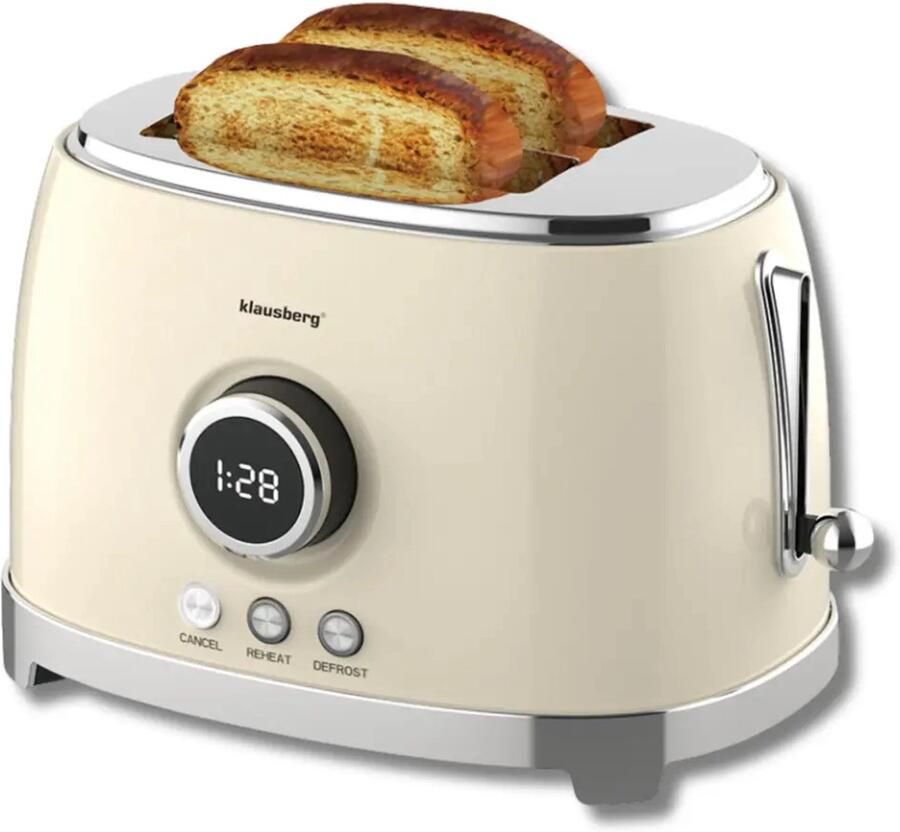 KLAUSBERG Broodrooster Keuken Toaster met LED Display en 6 Standen Brede Sleuven Broodrooster 2 Sneden Retro Design Ontdooifunctie & Opwarmfunctie 850W ca. 28.5 x 18.5 x 20 cm Beige