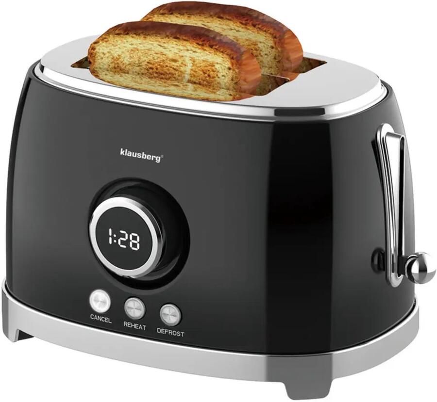 KLAUSBERG Broodrooster Keuken Toaster met LED Display en 6 Standen Brede Sleuven Broodrooster 2 Sneden Retro Design Ontdooifunctie & Opwarmfunctie 850W ca. 28.5 x 18.5 x 20 cm Zwart