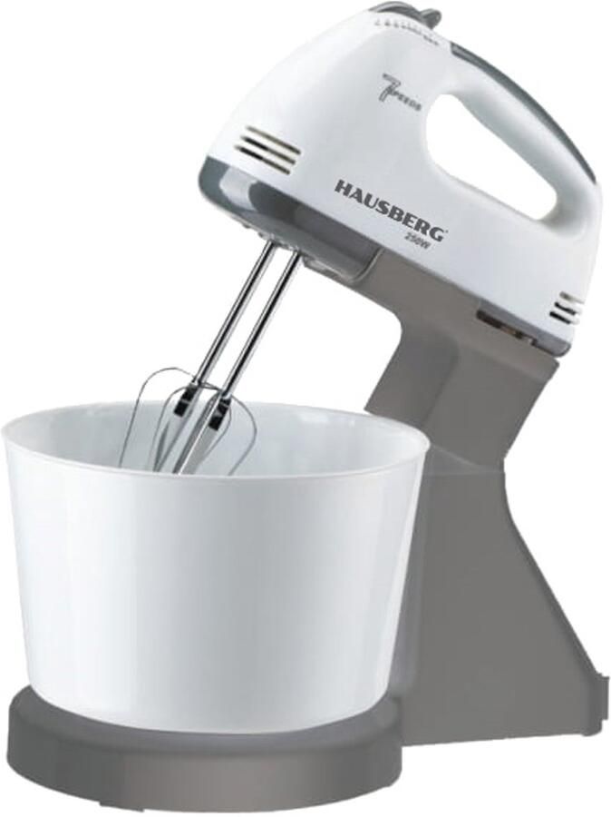 KLAUSBERG Elektrische Mixer met Mengkom – 7 Snelheden – 250W – Inclusief Kloppers & Deeghaken – Handmixer met Standaard – Ideaal voor Beslag Deeg & Slagroom